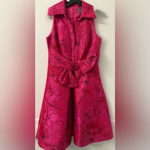 THEIA Vibrant Fuschia W/Black Jacquard Print Midi Dress.Front Bow.Sz 6 Pre-Loved